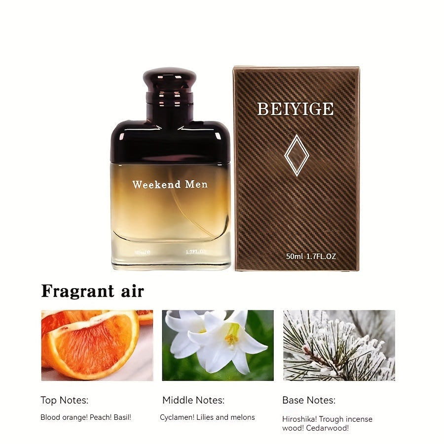 BEIYIGE Cologne for Men Weekend, Liquid Perfume, BPA Free, 1.7 FL.OZ (50 ml), Fruity Blood Orange and Basil Scent, Alcoholic, 10-20% Aroma Concentration, Fresh Fruity Orange Notes 