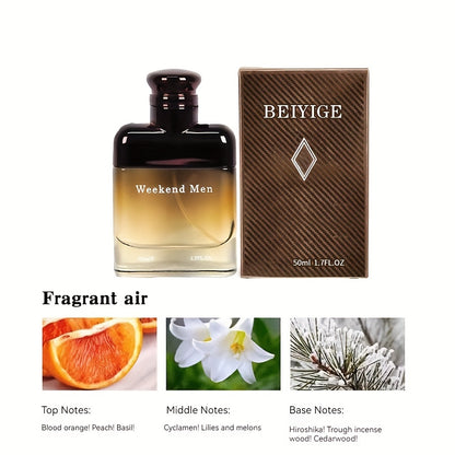 BEIYIGE Cologne for Men Weekend, Liquid Perfume, BPA Free, 1.7 FL.OZ (50 ml), Fruity Blood Orange and Basil Scent, Alcoholic, 10-20% Aroma Concentration, Fresh Fruity Orange Notes 