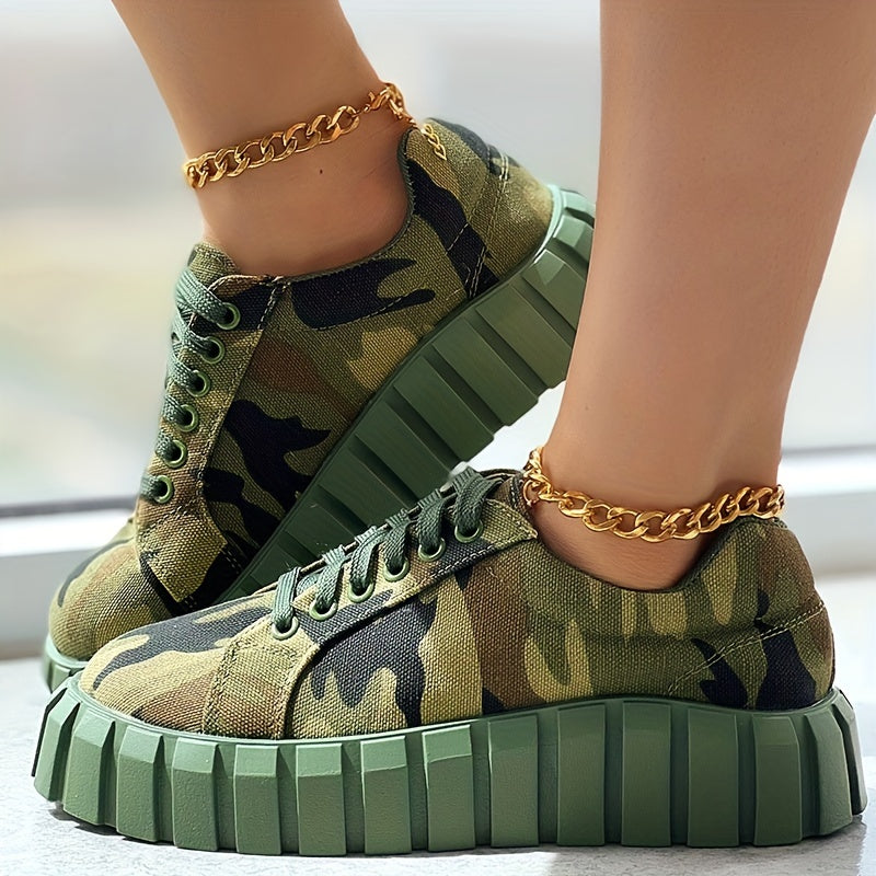 Chaussures En Toile Camouflage Pour Femmes, Baskets Basses Décontractées À Bout Rond À Lacets, Chaussures De Marche Confortables