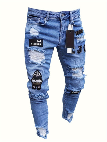 Men Fashion White Ripped Distressed Destroyed Washed Denim Jeans Torn Slim Fit Wild Jeans White Denim Pants 