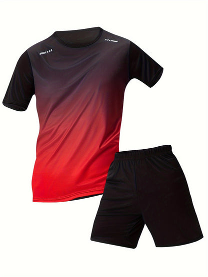 Ensemble de sport 2 pièces pour hommes, comprenant un haut à manches courtes et un short, respirant et à séchage rapide, couleur dégradée, coupe standard.