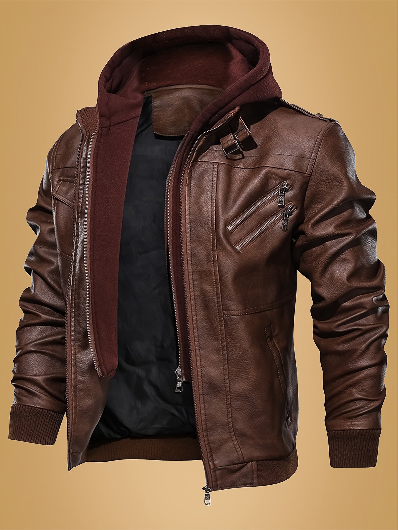 Veste Bomber pour Homme en Similicuir Style Vintage avec Poches Zippées - Manteau de Moto à Capuche 2-en-1 Décontracté, Lavable en Machine