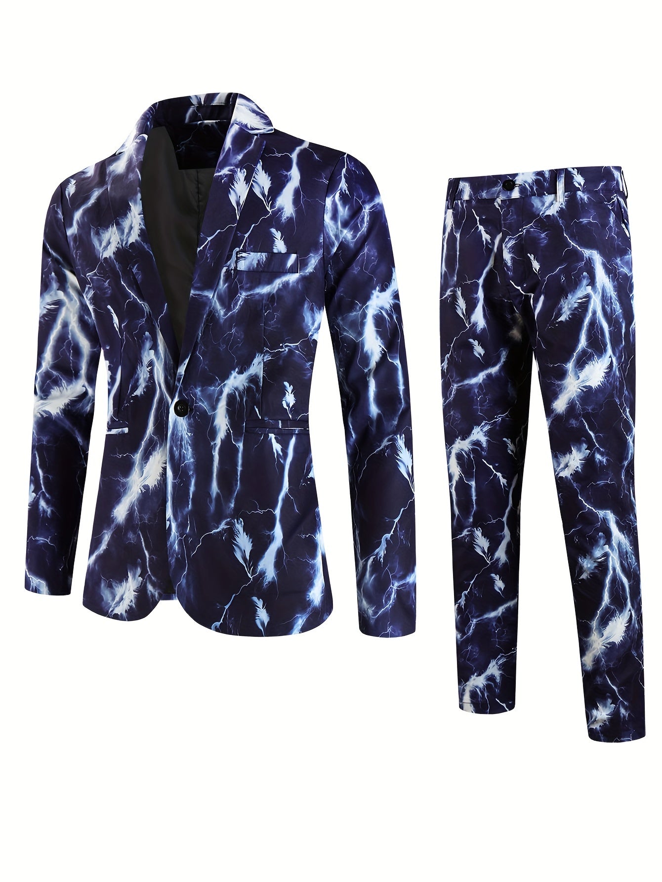 Costume de soirée 2 pièces pour homme, blazer et pantalon ajustés avec imprimé numérique créatif.