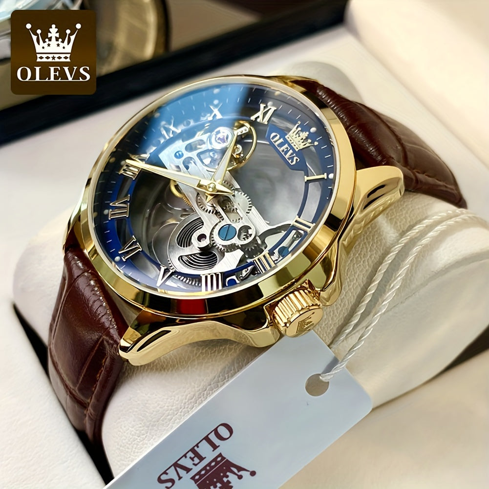 OLEVS Brand Luxury Skeleton Automatic Mechanical Watches for Men Genuine Leather Strap Waterproof Luminous Wristwatches for Men High Quality Fashion Watches for Business Men. 