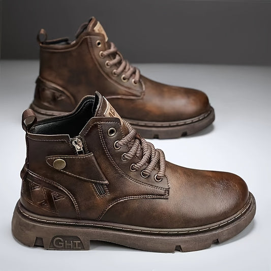 Bottines Rétro Pour Hommes, Chaussures À Lacets Résistantes À L'usure Et Antidérapantes Avec Tige En Cuir PU Pour L'extérieur, Le Printemps Et L'automne