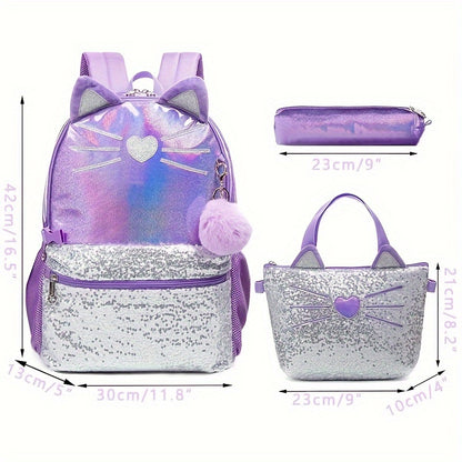 Purple Cat Backpack Set of 3 for Junior Students - Includes 17" School Bag, Lunch Bag &amp; Pencil Case with Adjustable Straps - Stylish Faux Leather, Zipper Closure - Ideal for Students Ages 5-15 