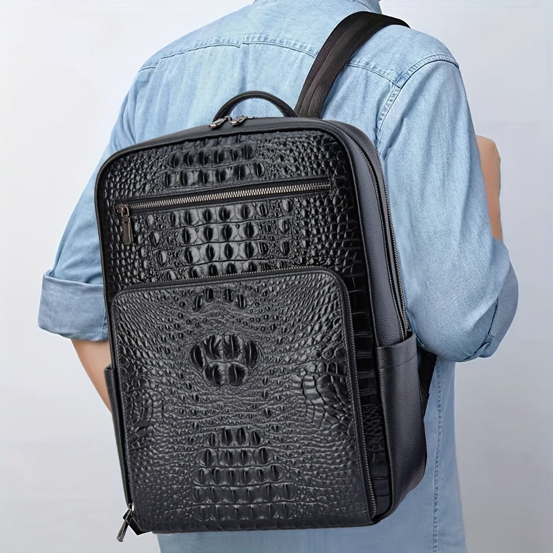 Sac à dos en cuir véritable à motif crocodile pour homme, 15,6 pouces, grande capacité, multifonctionnel, non chargé, sans batterie ni impression.