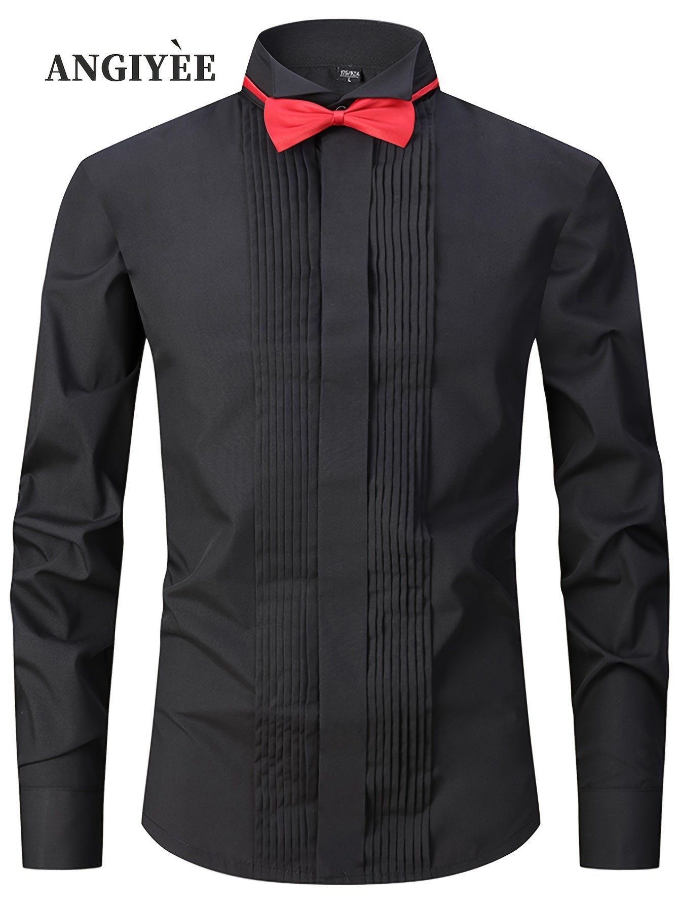 Chemise plissée de couleur unie pour homme, chemise à col montant à manches longues à simple boutonnage avec nœud papillon gratuit et boutons de manchette aléatoires, mode classique pour banquet et tenue de soirée de mariage