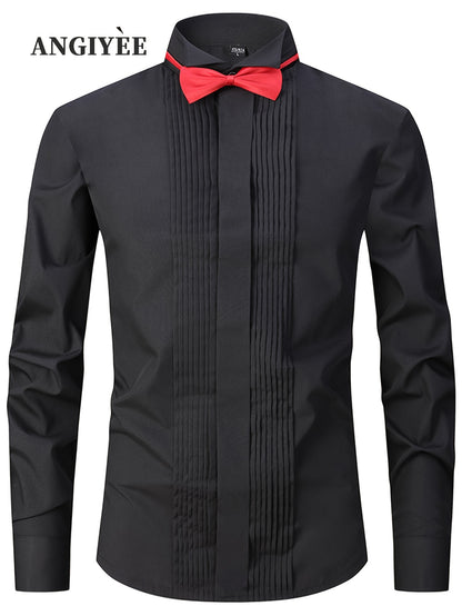 Chemise plissée de couleur unie pour homme, chemise à col montant à manches longues à simple boutonnage avec nœud papillon gratuit et boutons de manchette aléatoires, mode classique pour banquet et tenue de soirée de mariage