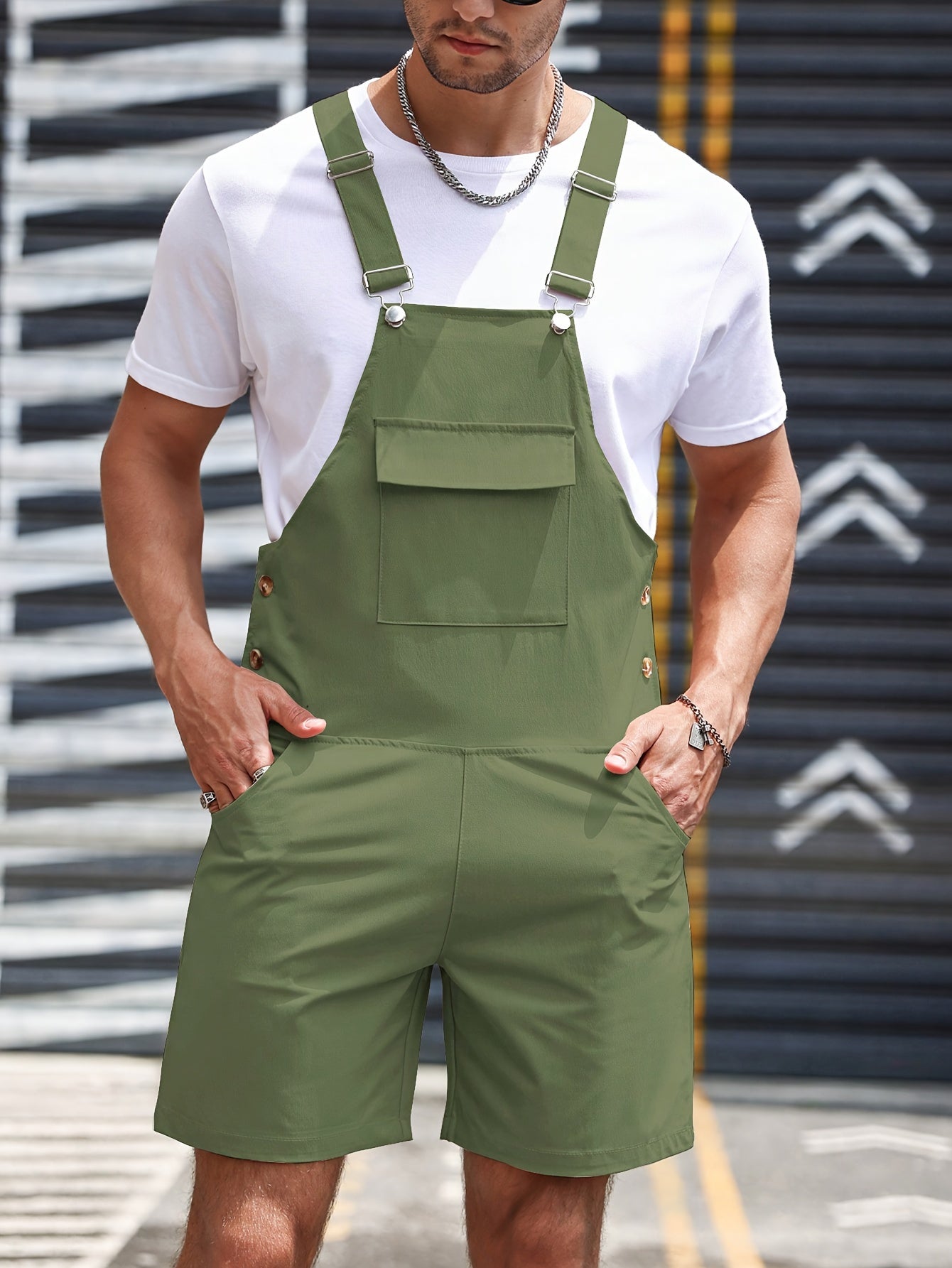 Men's Loose Fit Jumpsuit Without T-shirt With Front Flap Pockets, Ideal For Summer Outdoor Activities. 