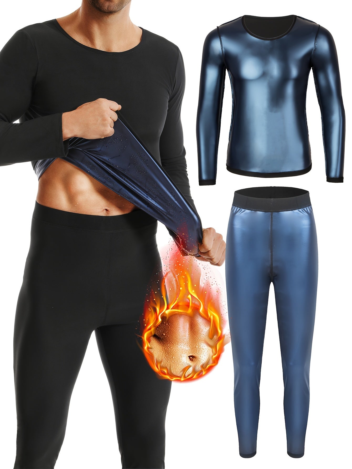 Ensemble de sauna pour hommes - Haut de compression à manches longues et pantalon de compression pour le sport, la course à pied, le fitness, le yoga et l'entraînement