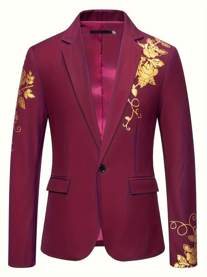 Motif Floral Blazer, Veste De Costume À Revers À Poche À Rabat Décontractée Pour Homme Pour Les Affaires De Printemps Et D'automne