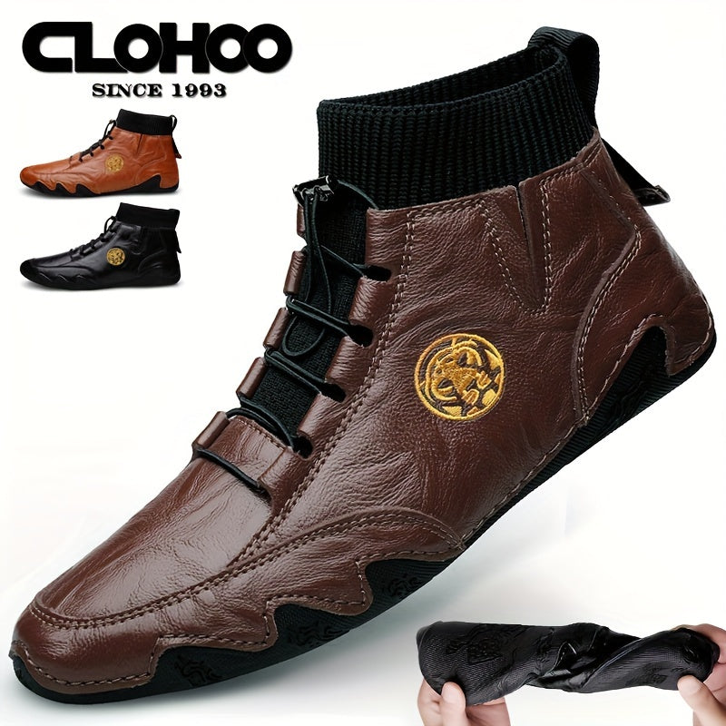 CLOHOO Bottes décontractées faites à la main avec bande élastique et semelles intérieures résistantes à l'usure pour hommes, chaussures pour hommes noires / marron clair / blanches pour les activités quotidiennes