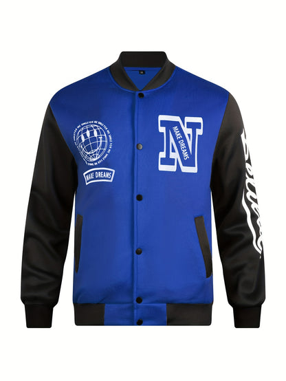 Blouson Universitaire À Imprimé Globe, Veste Boutonnée Décontractée À Blocs De Couleurs Pour Hommes Pour Le Baseball Scolaire De Printemps Et D'automne