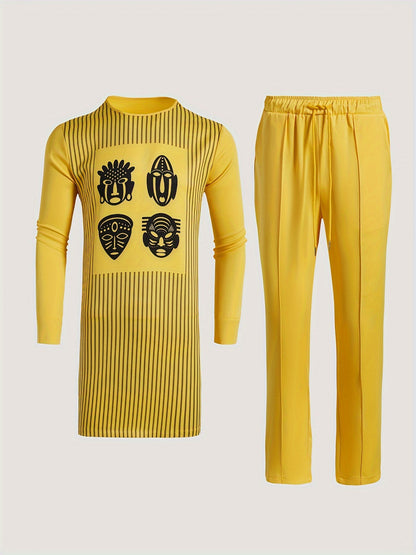 Ensemble 2 pièces pour homme, Robe fendue à manches longues à imprimé graphique sur le visage et pantalon uni, pour activités culturelles.