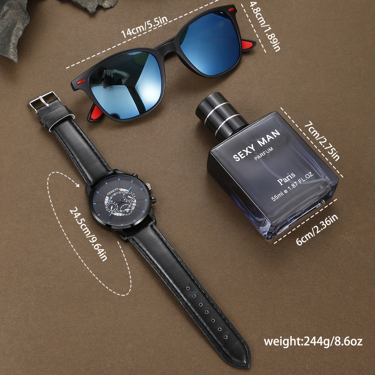 3pcs/set, Coffret cadeau montre, lunettes et parfum pour homme élégant et tendance