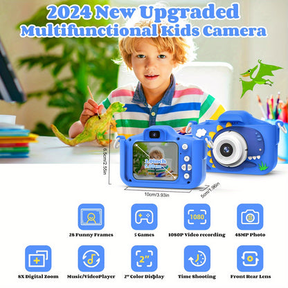 Appareil photo pour enfants 2024 amélioré : Vidéo HD 1080p, carte de 64 Go, écran couleur de 2 pouces, 7+ cadres amusants, 5 jeux, zoom numérique de 2 pouces, anti-chute, charge USB, convenable pour les enfants de 3 à 10 ans