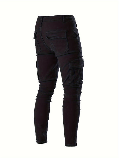 Jean skinny à poches à rabat pour homme, pantalon en denim extensible de style urbain chic