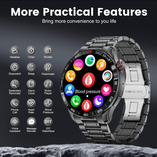 Montre connectée Lige pour hommes avec appels sans fil, écran AMOLED 1.43'', batterie 460 mAh, 120 modes sportifs, prévisions météo, contrôle de la musique et de l'appareil photo, compatible avec les téléphones Android et iPhone