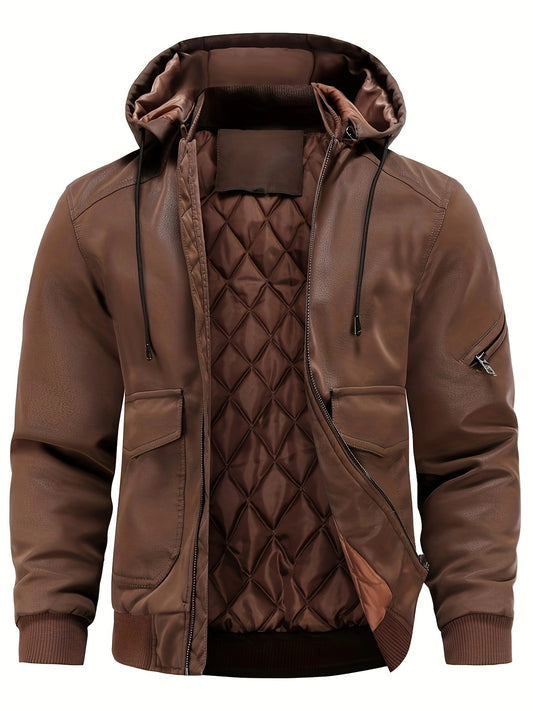 Blouson À Capuche En Cuir Pu Pour Hommes, Veste Bombardier Chaude Imperméable Et Coupe-vent Pour L'automne Et L'hiver