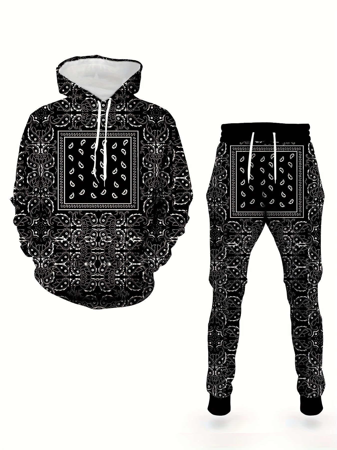 2pcs Men's Pajamas Loungewear Set, 3D Printed Long Sleeve Drawstring Hoodie and Pants, Trendy Men's Tracksuit Clothes