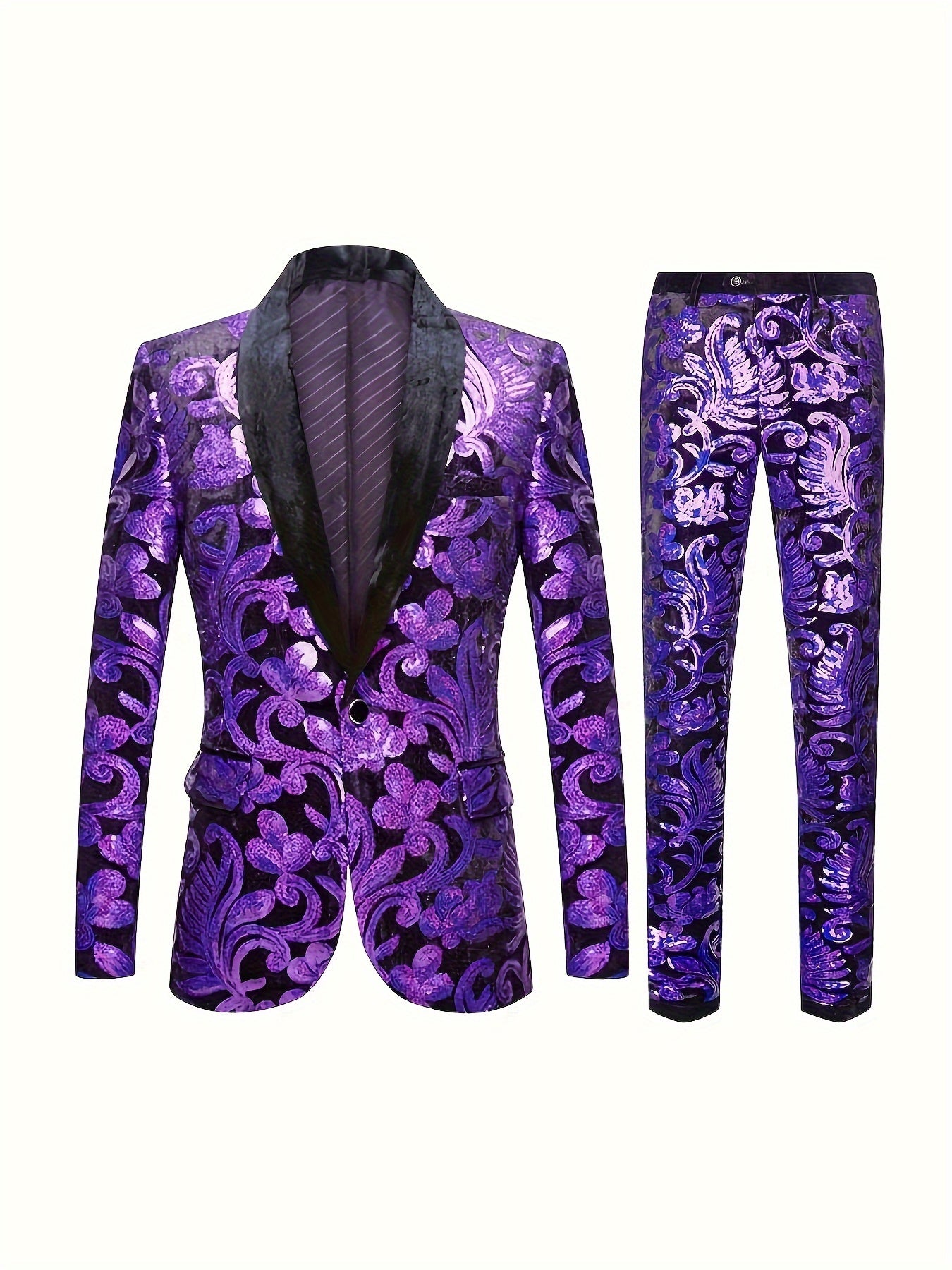 Ensemble de costume 2 pièces à motif floral et paillettes pour homme, blazer à revers châle boutonné et pantalon de ville, mode masculine pour banquet et soirée