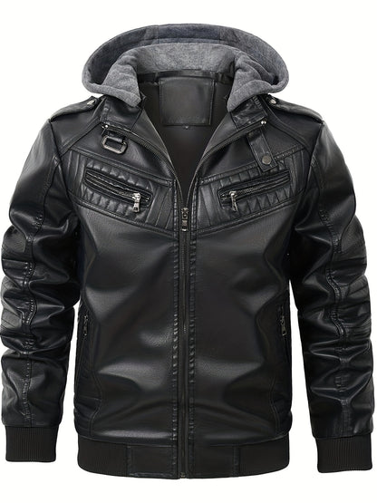 Veste en cuir PU pour homme avec capuche et poches, veste de moto zippée élégante pour homme pour l'automne et l'hiver