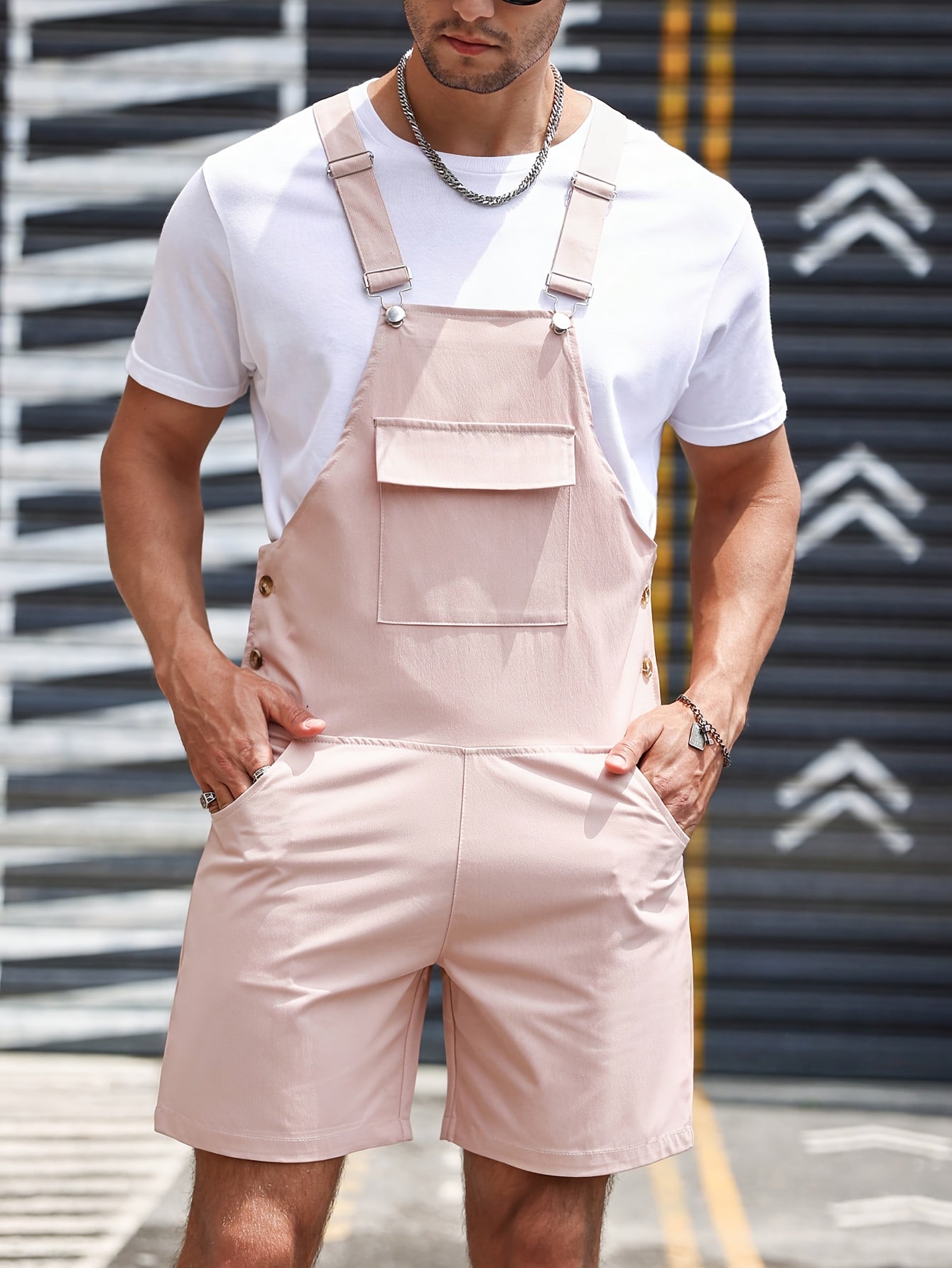 Men's Loose Fit Jumpsuit Without T-shirt With Front Flap Pockets, Ideal For Summer Outdoor Activities. 