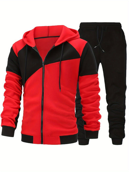 Ensemble De Sport D'automne-hiver Pour Hommes En Deux Pièces, Veste De Sport À Capuche À Fermeture Éclair À Manches Longues À Blocs De Couleur Et Pantalon De Jogging À Cordon Solide