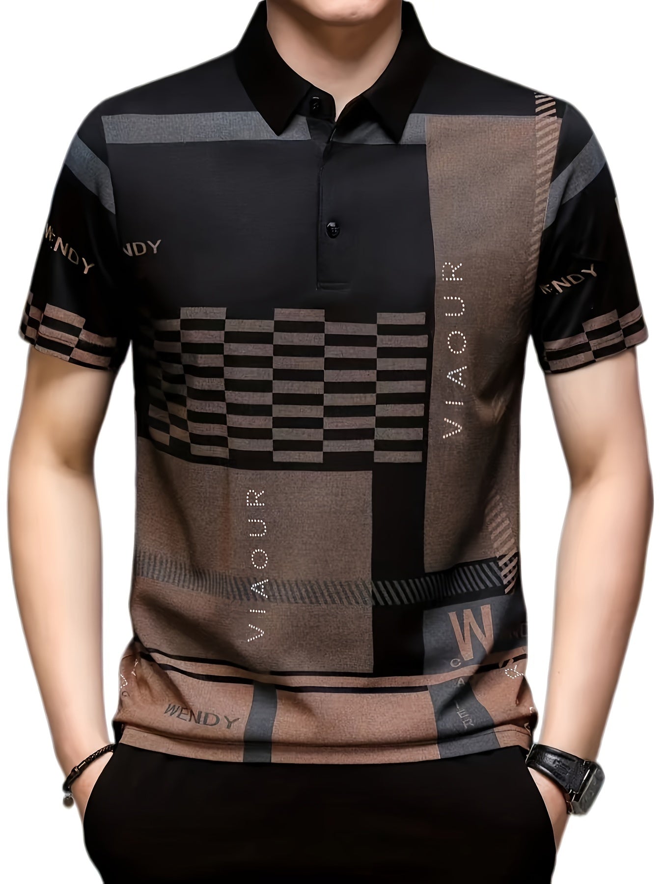 Chemise de golf à imprimé graphique géométrique pour hommes, chemise décontractée à manches courtes pour l'été en plein air