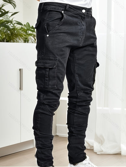 Jean skinny à poches à rabat pour homme, pantalon en denim extensible de style urbain chic