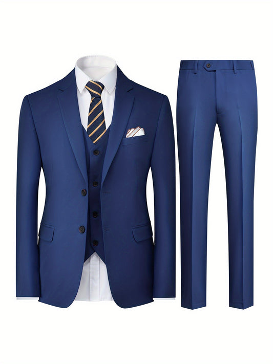 Ensemble 3 pièces pour homme, costume uni avec veste, gilet et pantalon, style décontracté pour mariage ou banquet