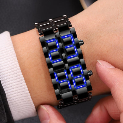 Ensemble montre pour homme 1pc Mode Noir Métal Complet Affichage LED Bleu & 1pc Collier, Choix idéal pour les cadeaux