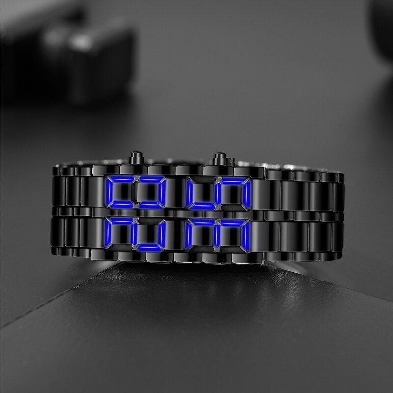 Ensemble montre pour homme 1pc Mode Noir Métal Complet Affichage LED Bleu & 1pc Collier, Choix idéal pour les cadeaux