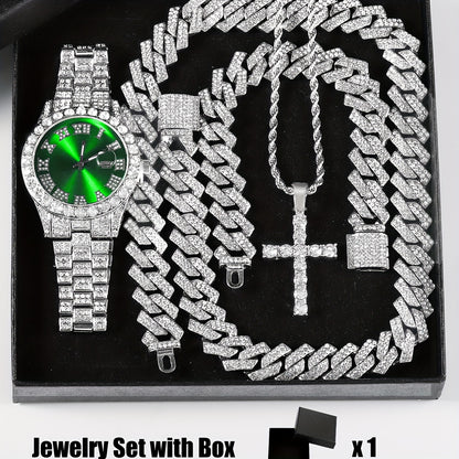 4pcs/set, Rhinestone Cross Pendant and Wrist Watch Jewelry Set for Men/Women