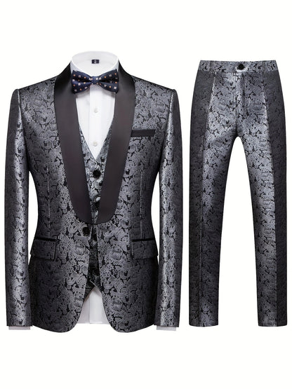 Ensemble 3 pièces pour homme, costume de style formel, veste et gilet à simple boutonnage, pantalon à motif jacquard floral rouge, style élégant pour les affaires, tenue de mariage et de fête.