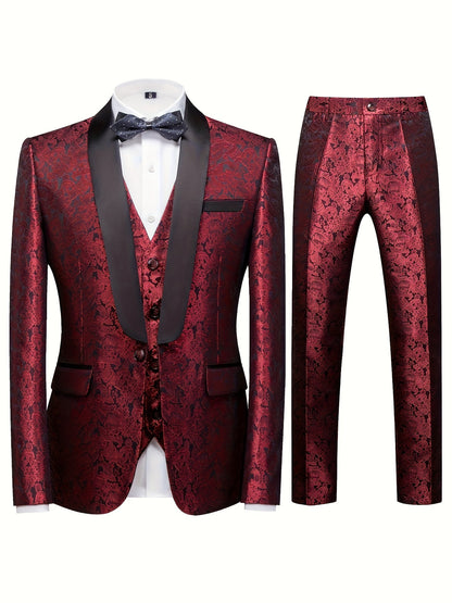 Ensemble 3 pièces pour homme, costume de style formel, veste et gilet à simple boutonnage, pantalon à motif jacquard floral rouge, style élégant pour les affaires, tenue de mariage et de fête.