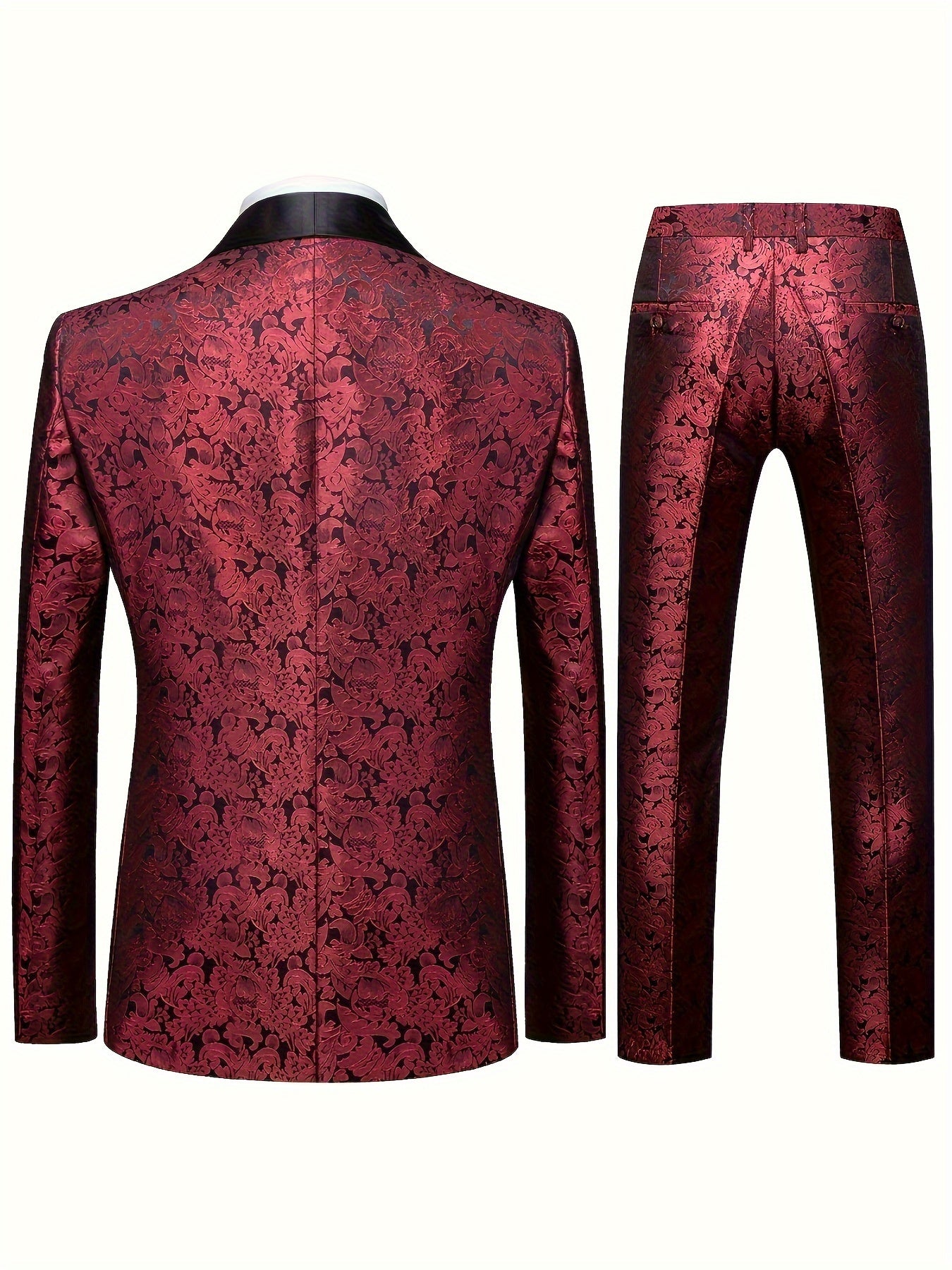 Ensemble 3 pièces pour homme, costume de style formel, veste et gilet à simple boutonnage, pantalon à motif jacquard floral rouge, style élégant pour les affaires, tenue de mariage et de fête.