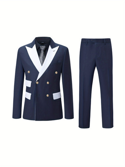 Ensemble De Costume Formel Pour Hommes, Veste À Double Boutonnage Assortie De Couleur Avec Revers & Pantalon Uni, Costume De Soirée Pour Dîner D'affaires Ou Mariage