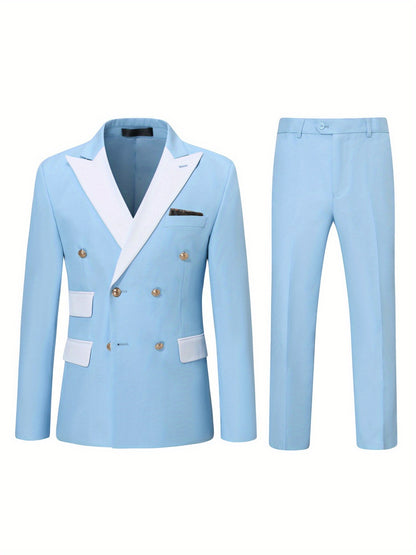 Ensemble De Costume Formel Pour Hommes, Veste À Double Boutonnage Assortie De Couleur Avec Revers & Pantalon Uni, Costume De Soirée Pour Dîner D'affaires Ou Mariage