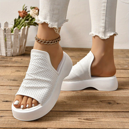 Women Platform Sandals, Comfortable White Perforated Design, Breathable Wedge Shoes for Summer 