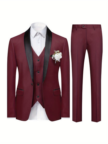 Costume 3 pièces pour homme - Blazer simple boutonnage, gilet et pantalon | Coupe ajustée Business Casual | Tenue de marié pour mariage