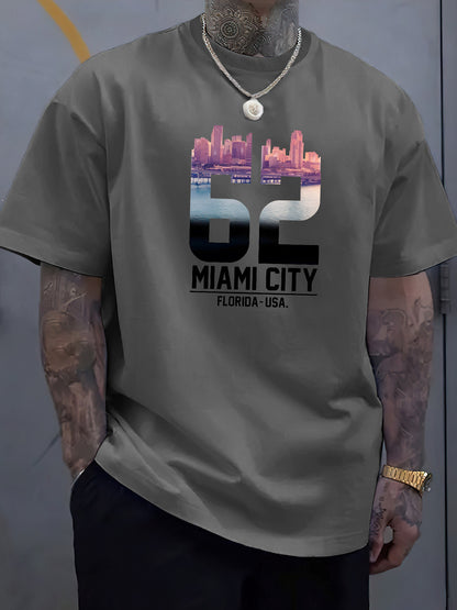 "T-shirt décontracté pour homme "Miami City", impression créative, haut à manches courtes et col rond, style streetwear moderne pour homme"