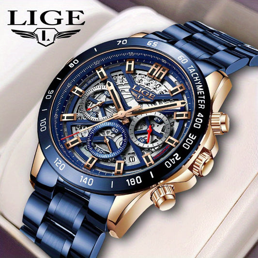 Montre étanche LIGE pour homme, montre de luxe de marque, montre de sport à quartz pour homme, chronographe d'affaires à la mode, montre-bracelet chronographe ajourée