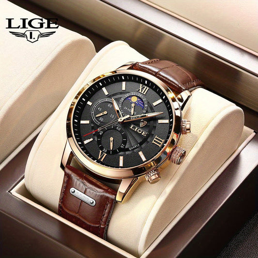 LIGE Fashion Leather Men's Watch. Waterproof, Luminous, 24 Hour Display, Moon and Stars. High-end Luxury Brand. Vintage watches are ideal as holiday gifts. 