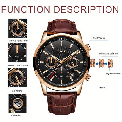 LIGE Fashion Luxury Quartz Watch Men Leather Strap 30M Waterproof Casual Leather Wristwatch for Men 