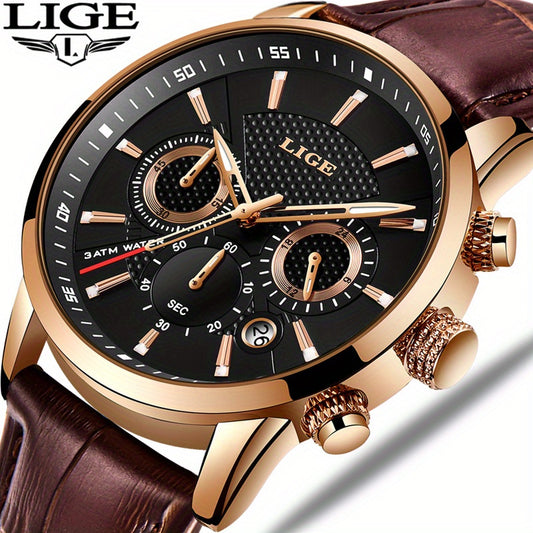 LIGE Fashion Luxury Quartz Watch Men Leather Strap 30M Waterproof Casual Leather Wristwatch for Men 