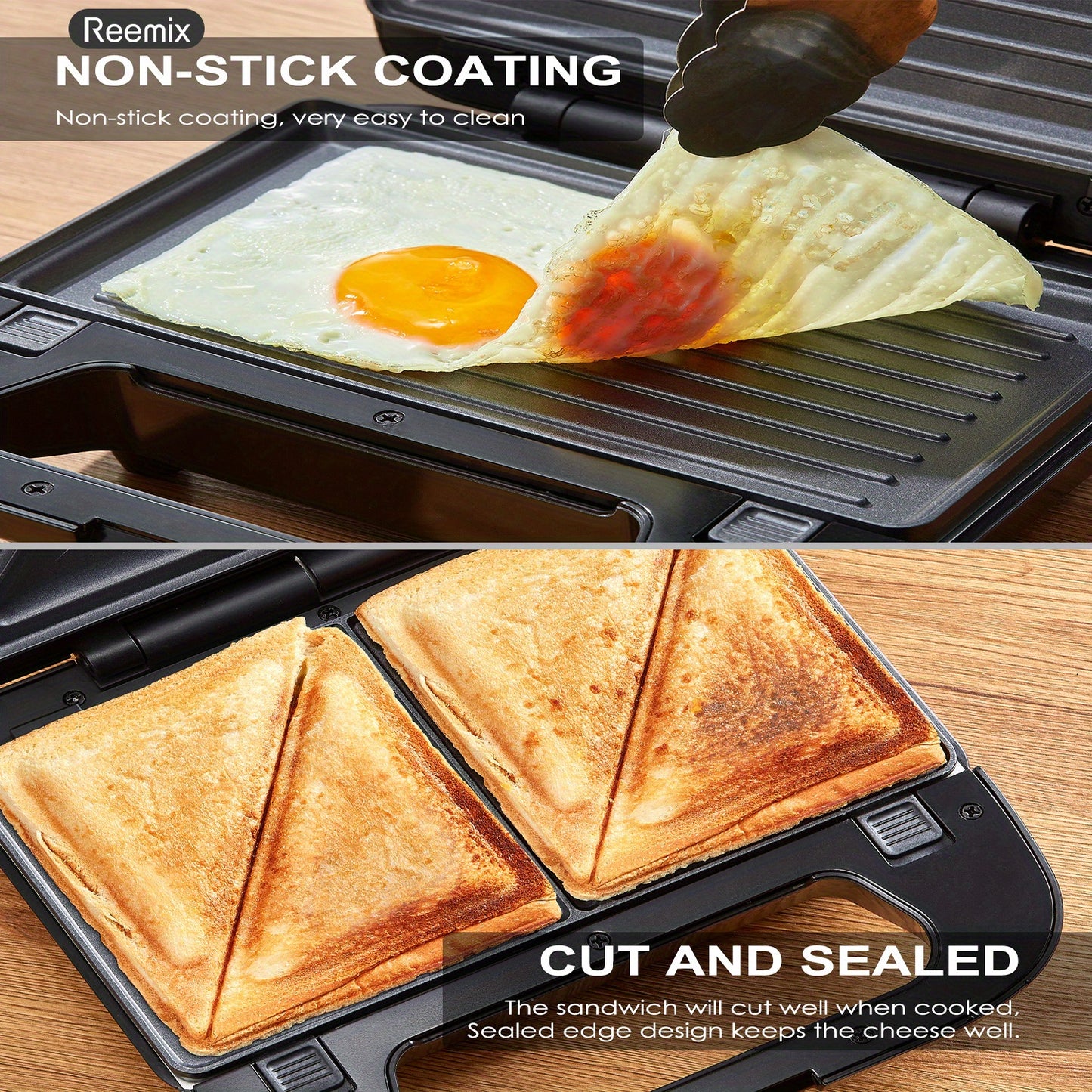 Reemix 3-in-1 Waffle Maker, Grill, and Sandwich Press - Non-Stick Removable Plates - Perfect for Grilled Cheese, Melted Tuna, Burgers, Steaks, and Snacks - Black (3-in-1 Sandwich Maker with Plastic Handle)