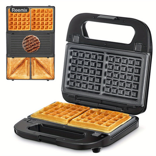 Reemix 3-in-1 Waffle Maker, Grill, and Sandwich Press - Non-Stick Removable Plates - Perfect for Grilled Cheese, Melted Tuna, Burgers, Steaks, and Snacks - Black (3-in-1 Sandwich Maker with Plastic Handle)