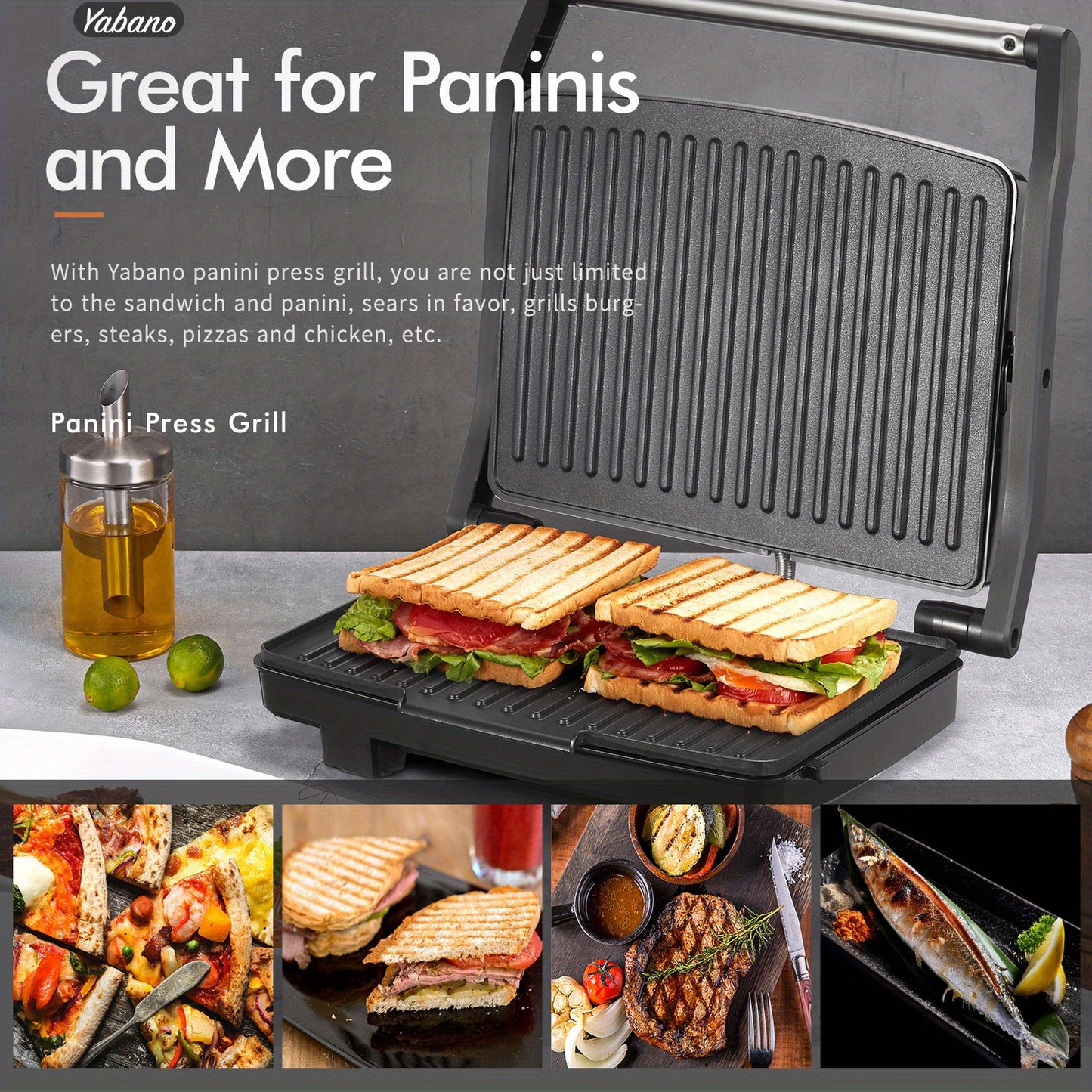 Yabano Panini Press: Électrique, Plaque Antiadhésive, Bac de Récupération Amovible, Acier Inoxydable